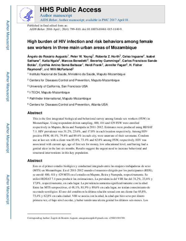 (PDF) High Burden of HIV Infection and Risk Behaviors Among Female Sex ...