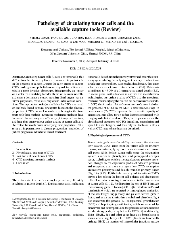 (PDF) Pathology of circulating tumor cells and the available capture ...