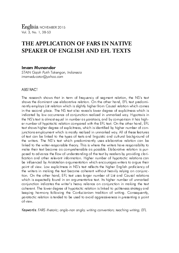 (PDF) The Application of FARS in a Native Speaker of English and EFL texts