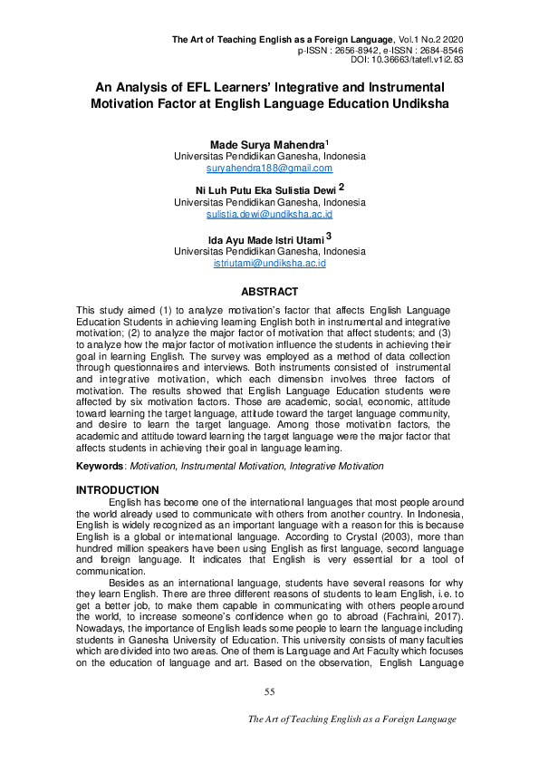 (PDF) Analysis of EFL Learners’ Integrative and Instrumental Motivation ...