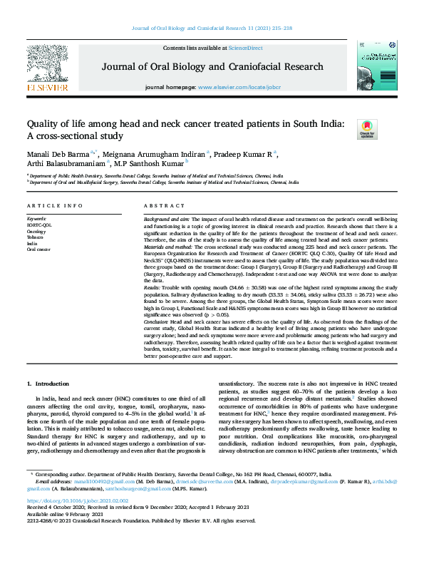 (PDF) Quality of life among head and neck cancer treated patients in ...