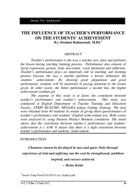 (PDF) The Influence Of Teacher’s Performance On The Students’ Achievement