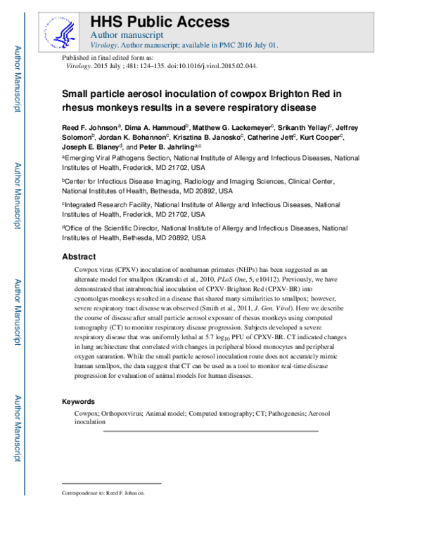 (PDF) Small particle aerosol inoculation of cowpox Brighton Red in ...