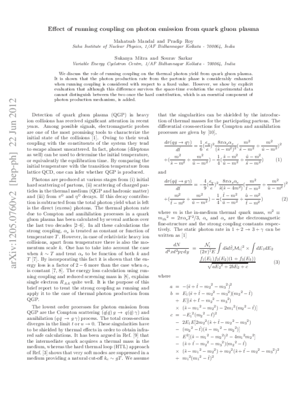 (PDF) Effect of running coupling on photon emission from quark gluon plasma