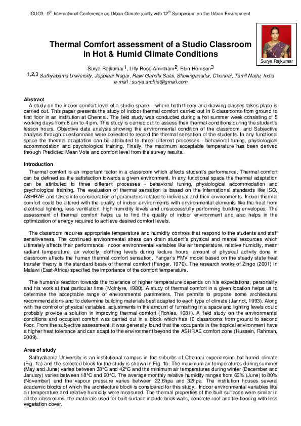 (PDF) Thermal Comfort assessment of a Studio Classroom in Hot & Humid ...