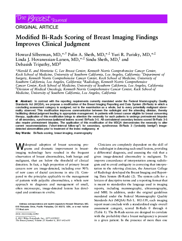 (PDF) Modified Bi-Rads Scoring of Breast Imaging Findings Improves ...