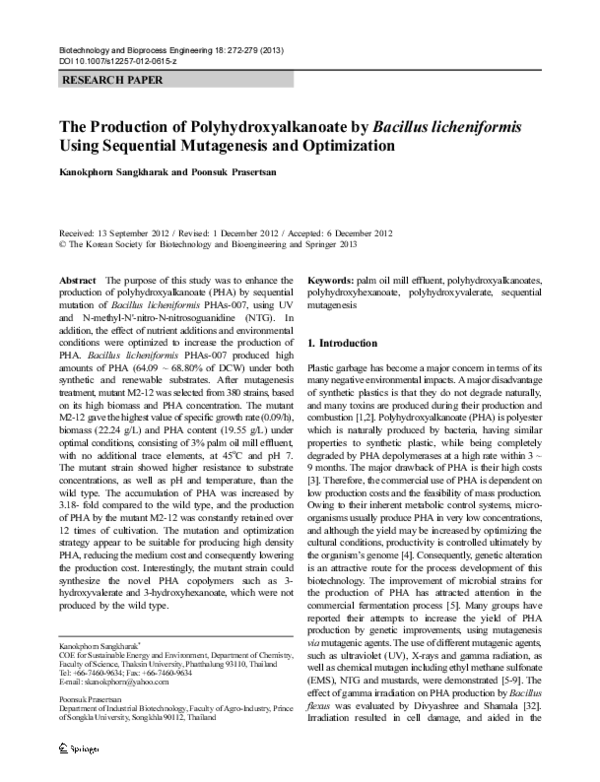 (PDF) The production of polyhydroxyalkanoate by Bacillus licheniformis ...