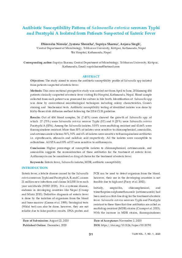(PDF) Antibiotic Susceptibility Pattern of Salmonella Enterica serovars ...