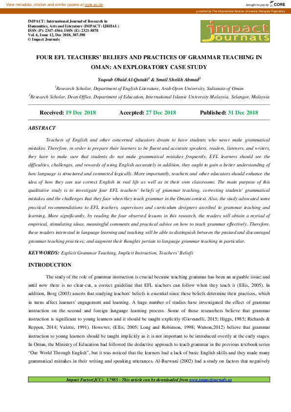 (PDF) Four Efl Teachers’ Beliefs and Practices of Grammar Teaching ...