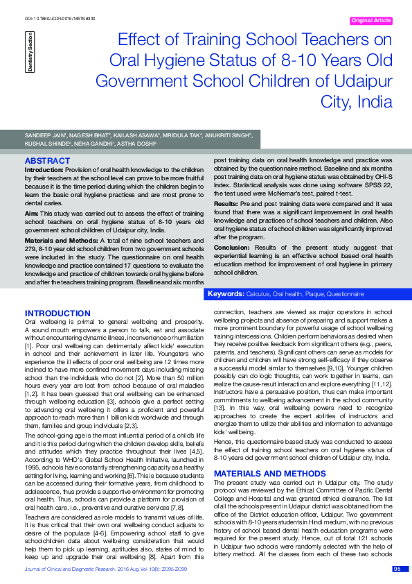 (PDF) Effect of Training School Teachers on Oral Hygiene Status of 8-10 ...