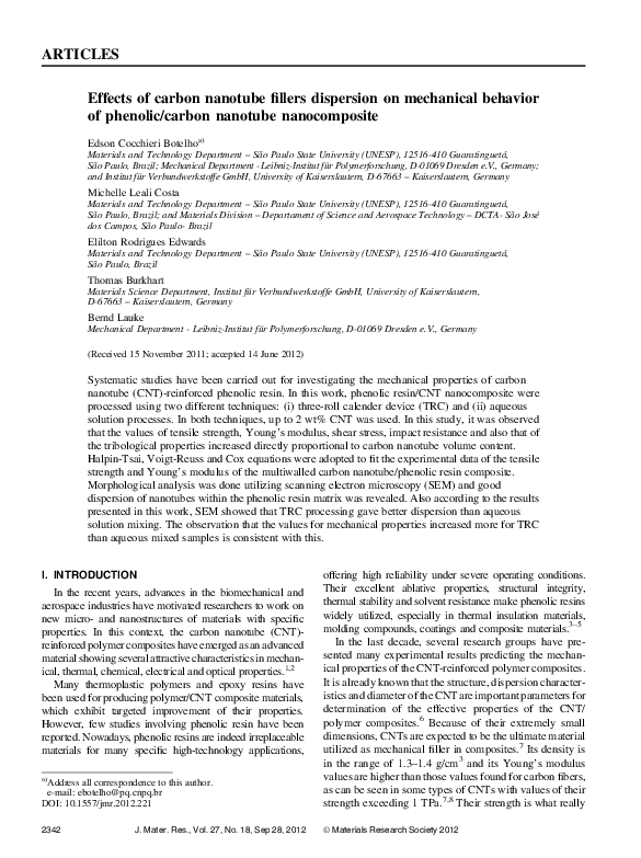 (PDF) Effects of carbon nanotube fillers dispersion on mechanical ...