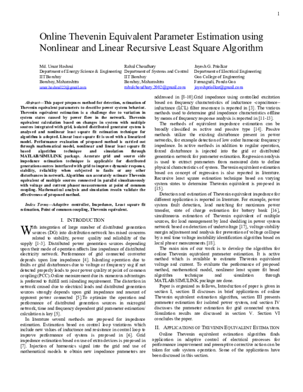 (PDF) Online thevenin equivalent parameter estimation using nonlinear ...