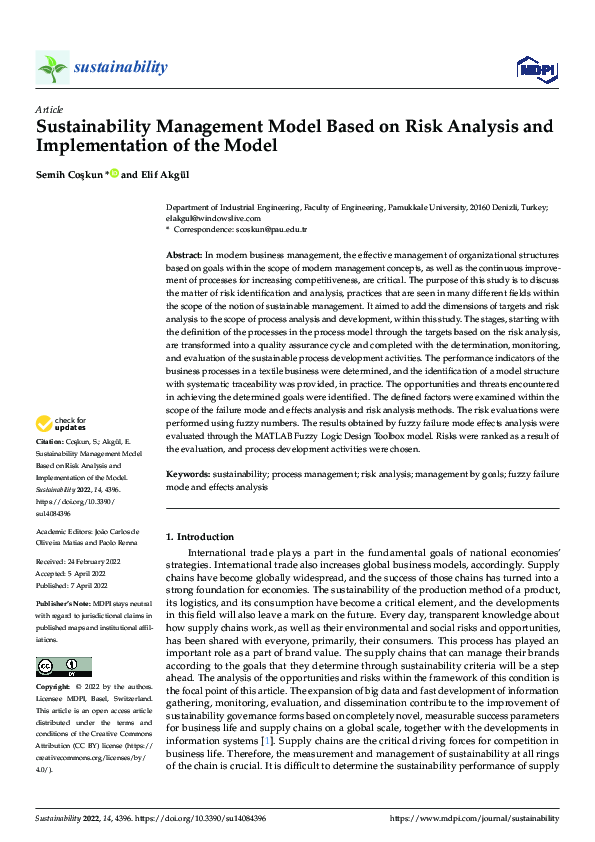 (PDF) Sustainability Management Model Based on Risk Analysis and ...