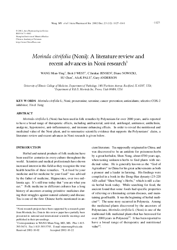 (PDF) Morinda citrifolia (Noni) A literature review and C. Jarakae