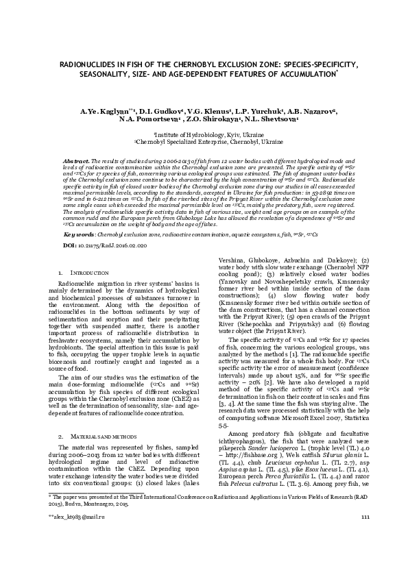 (PDF) Radionuclides in Fish of the Chernobyl Exclusion Zone: Species ...