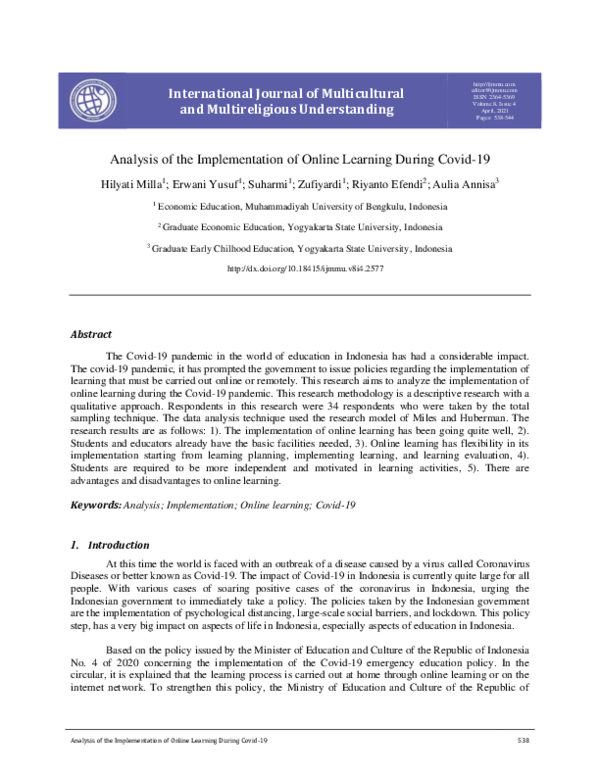 (PDF) Analysis of the Implementation of Online Learning During Covid-19