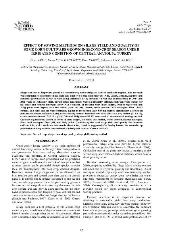 (PDF) Effect of Sowing Methods on Silage Yield and Quality of Some Corn ...