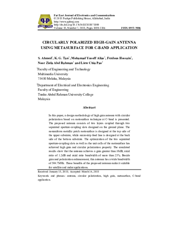 (PDF) Circularly Polarized High-Gain Antenna Using Metasurface for C ...