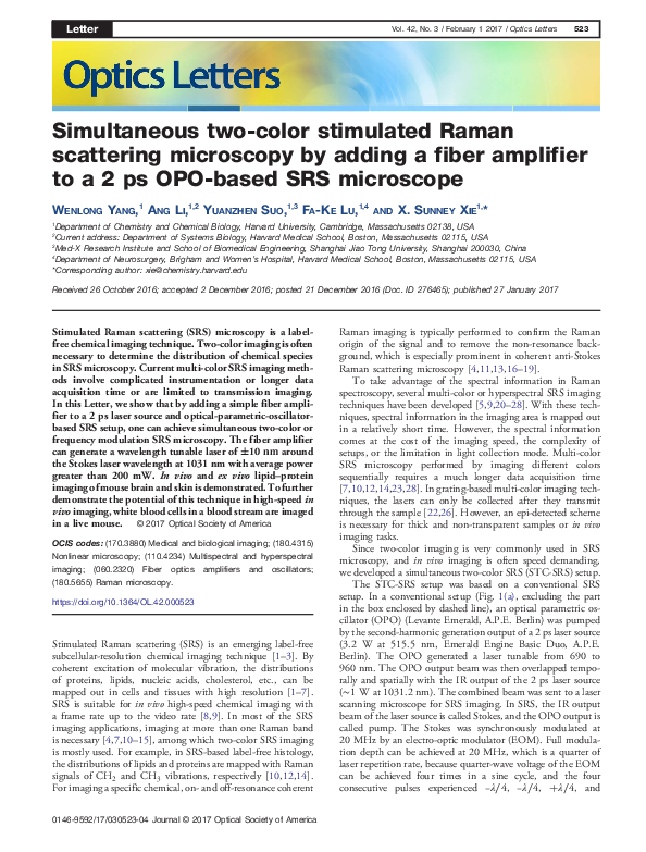 (PDF) Simultaneous two-color stimulated Raman scattering microscopy by ...