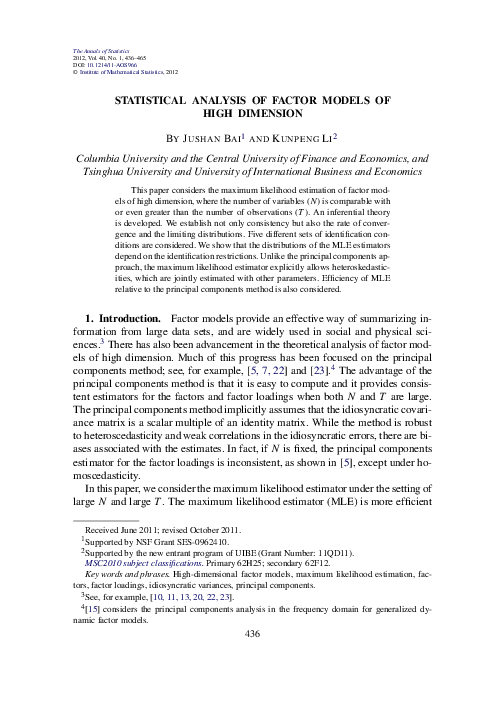 (PDF) Statistical analysis of factor models of high dimension