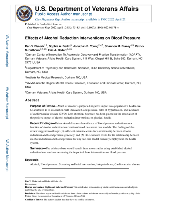(PDF) Effects of Alcohol Reduction Interventions on Blood Pressure
