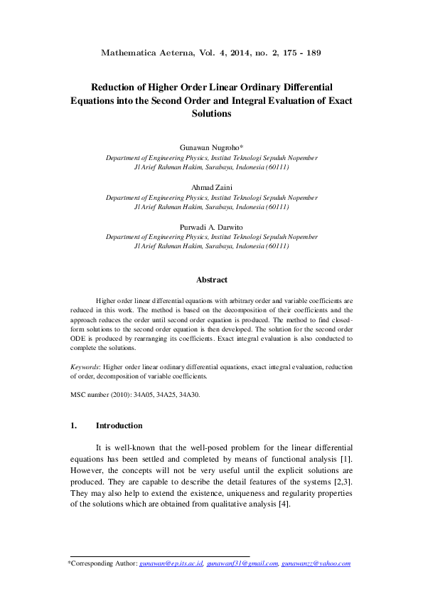 Pdf Reduction Of Higher Order Linear Ordinary Differential Equations Into The Second Order And Pdf Reduction Of Higher Order Linear Ordinary Differential Equations Into The Second Order And