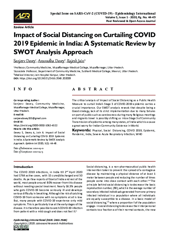 (PDF) Impact of Social Distancing on Curtailing COVID 2019 Epidemic in ...