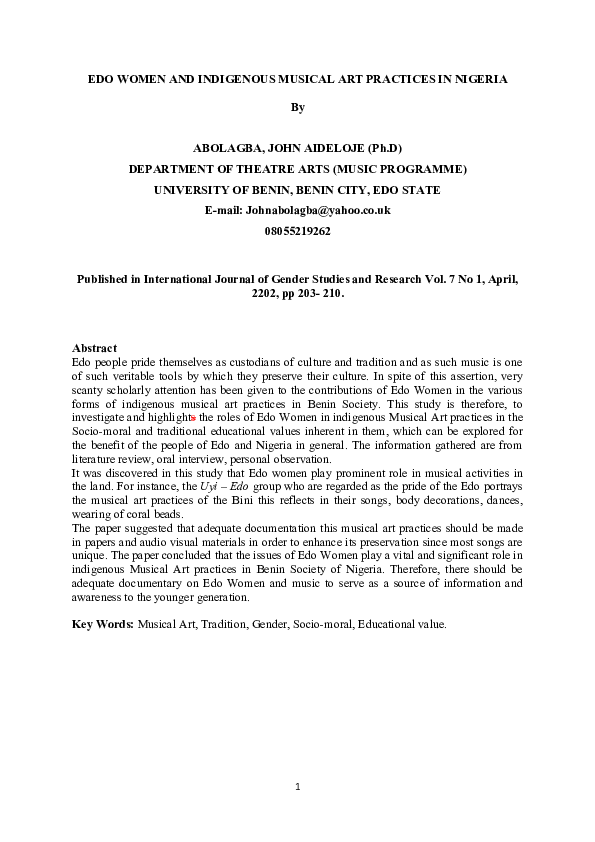 (DOC) EDO WOMEN AND INDIGENOUS MUSICAL ART PRACTICES IN NIGERIA