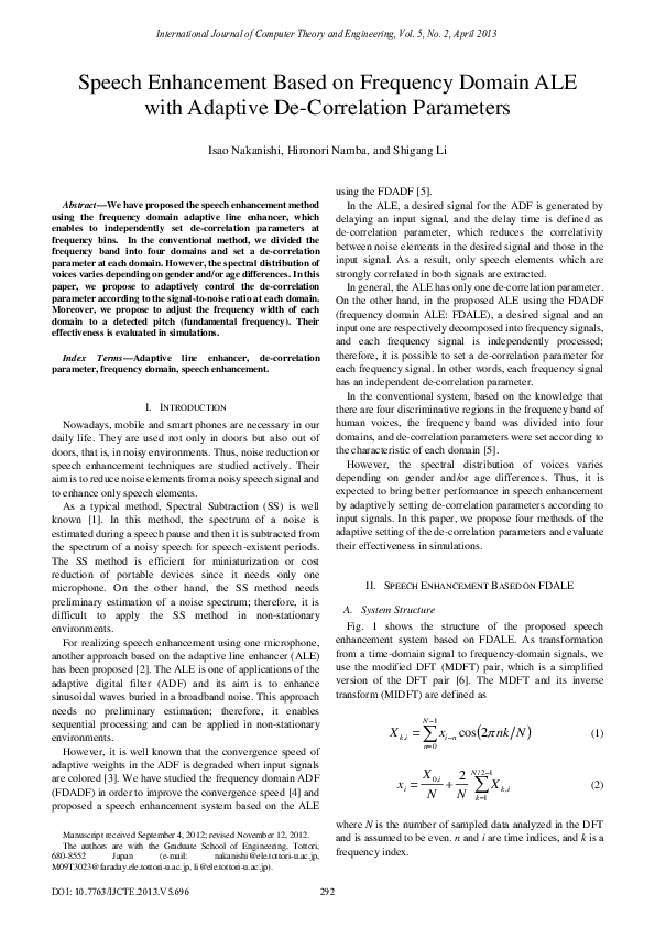 (PDF) Speech Enhancement Based on Frequency Domain ALE with Adaptive De ...