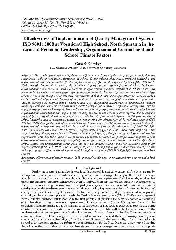 (PDF) Effectiveness of Implementation of Quality Management System ISO ...