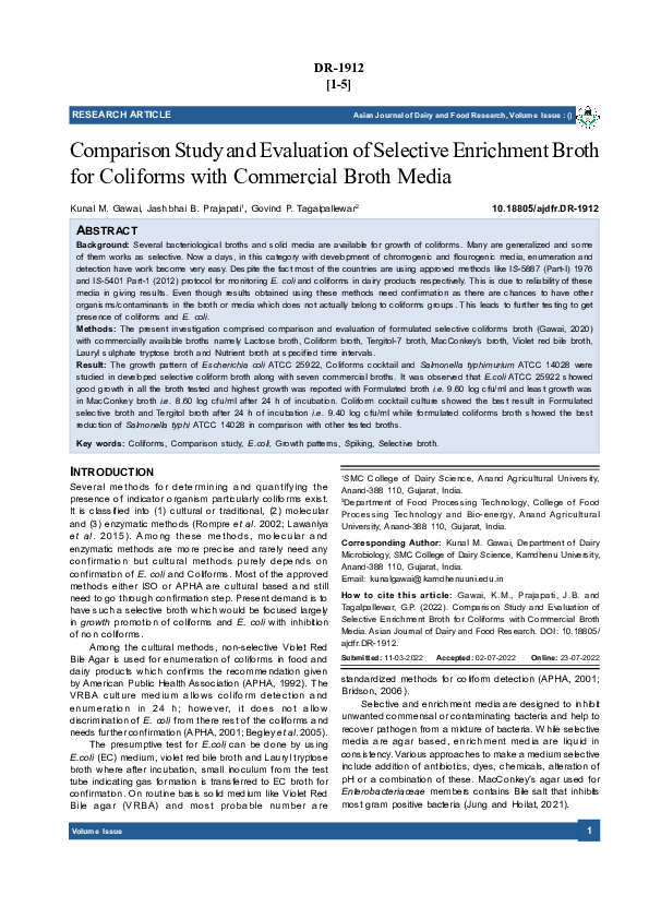 (PDF) Comparison Study and Evaluation of Selective Enrichment Broth for ...