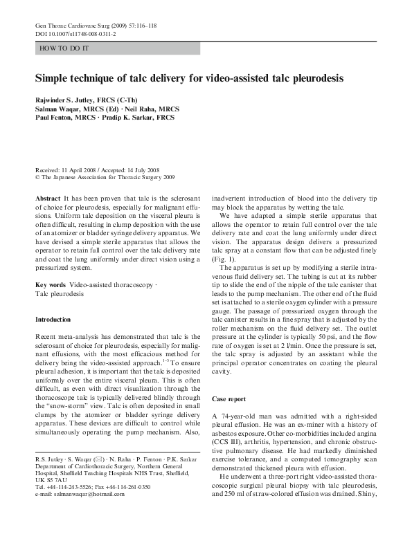(PDF) Simple technique of talc delivery for video-assisted talc pleurodesis