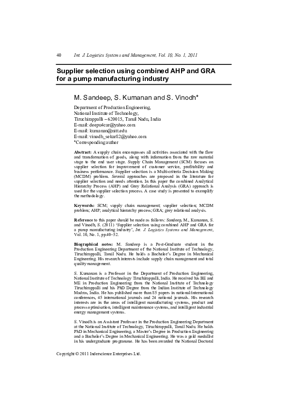 (PDF) Supplier selection using combined AHP and GRA for a pump ...