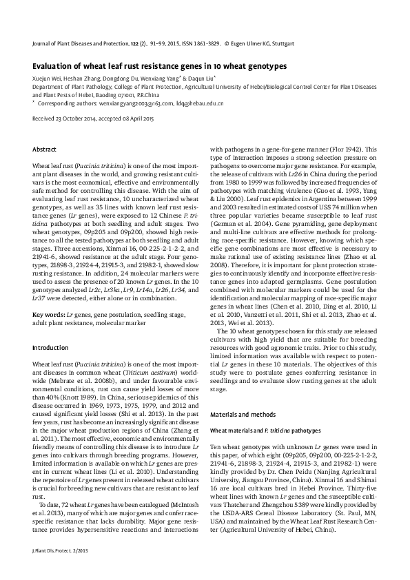 (PDF) Evaluation of Wheat Leaf Rust Resistance Genes in 10 Wheat Genotypes