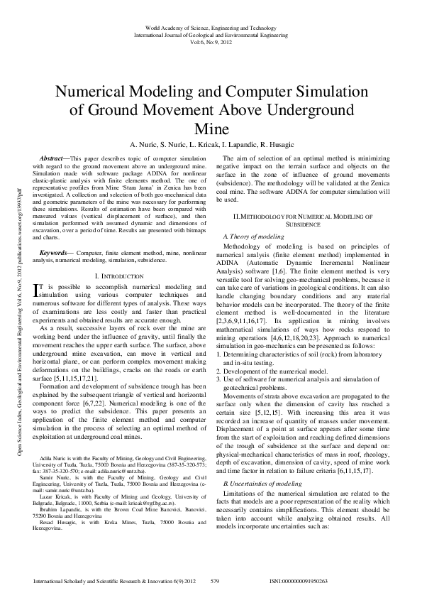(PDF) Numerical Modeling And Computer Simulation Of Ground Movement ...