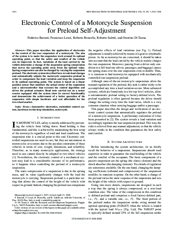 (PDF) Electronic Control of a Motorcycle Suspension for Preload SelfAdjustment Onorino Tanna