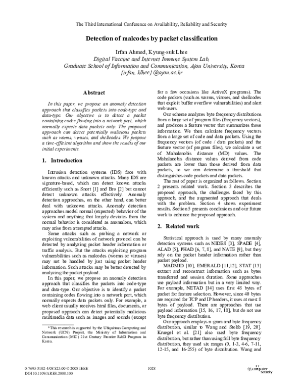 (PDF) Detection of Malcodes by Packet Classification