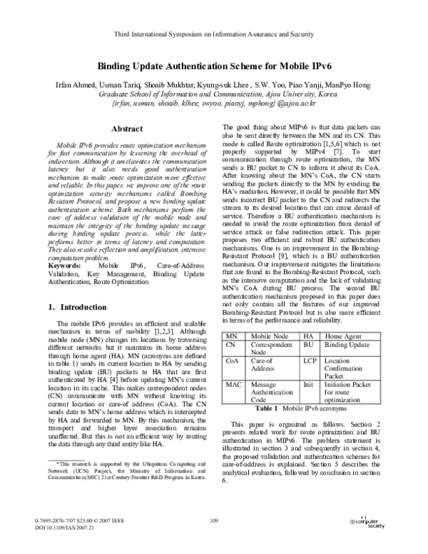 (PDF) Binding Update Authentication Scheme for Mobile IPv6