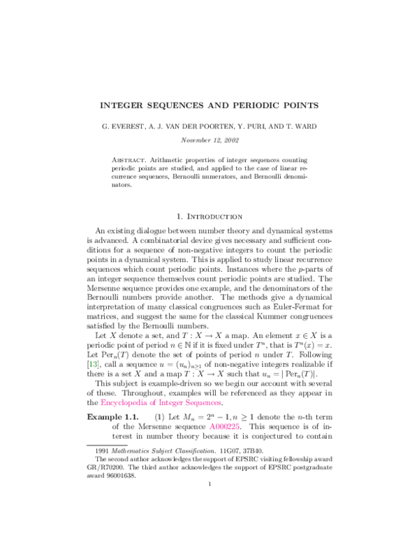 (PDF) Integer sequences and periodic points