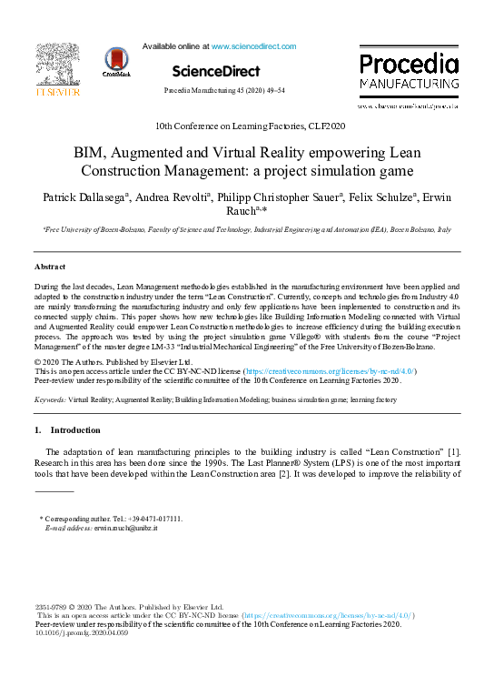 (PDF) BIM, Augmented and Virtual Reality empowering Lean Construction ...