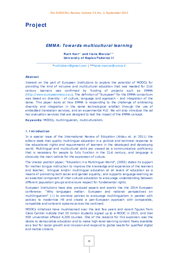 (PDF) Project EMMA : Towards multicultural learning