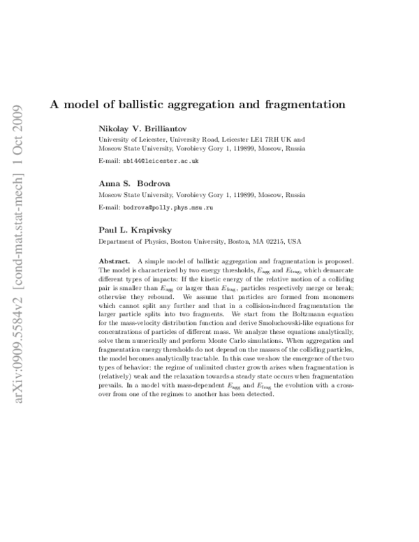(PDF) A model of ballistic aggregation and fragmentation