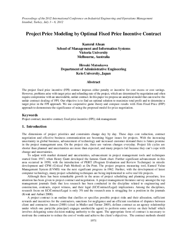 (PDF) Project Price Modeling by Optimal Fixed Price Incentive Contract