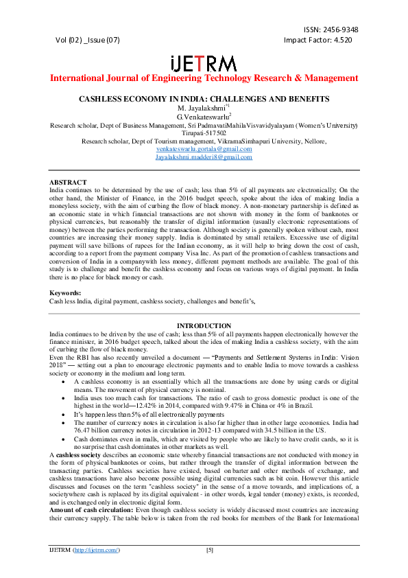 (PDF) Cashless Economy In India: Challenges And Benefits