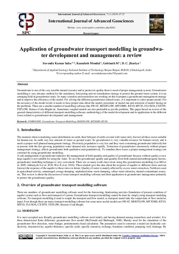 (PDF) Application of groundwater transport modelling in groundwater development and management