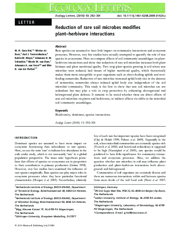 (PDF) Reduction of rare soil microbes modifies plant-herbivore interactions