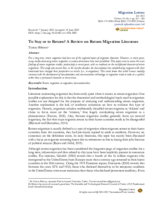 (PDF) To Stay or to Return? A Review on Return Migration Literature