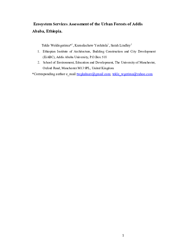 (DOC) Ecosystem services assessment of the urban forests of Addis Ababa ...