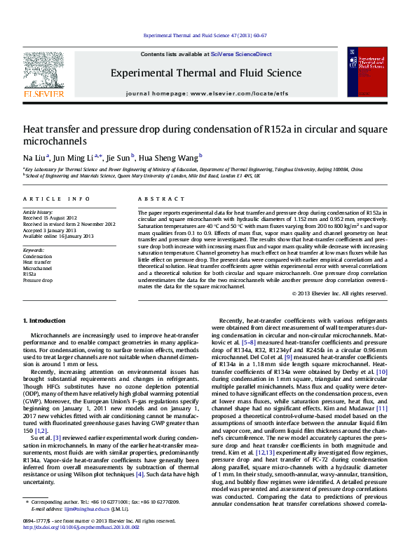 (PDF) Heat transfer and pressure drop during condensation of R152a in ...