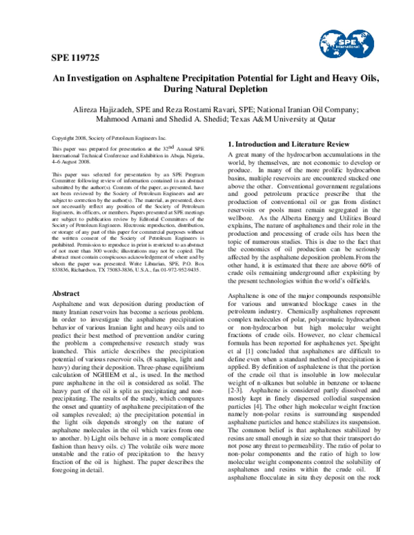 (PDF) An Investigation on Asphaltene Precipitation Potential for Light ...